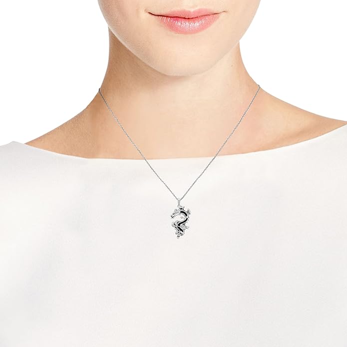 AeraVida Legendary Chinese Dragon Charm Stone Inlaid Accent .925 Sterling Silver Pendant on 18-inch Chain Necklace | Dragon Jewelry Necklace Accessory for Men Women Unisex