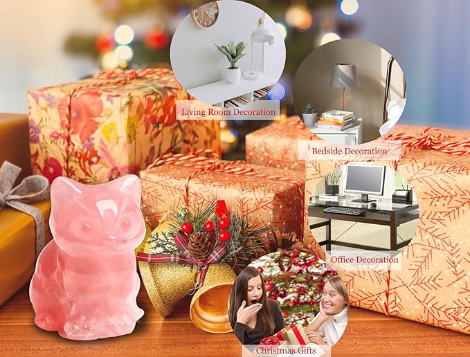 DUQGUHO Rose Quartz Cat Crystal Figurines - Lucky Cute Cat Statue for Room Desk Pink Decor Gifts 1PC