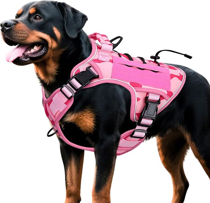 Heavy-Duty Tactical Dog Harness for Large Dogs, No Pull Adjustable Reflective Pet Vest with Molle System, K9 Military-Grade Control for Service Training, Outdoor & 10+ Breeds, Pink Camo, X-Large