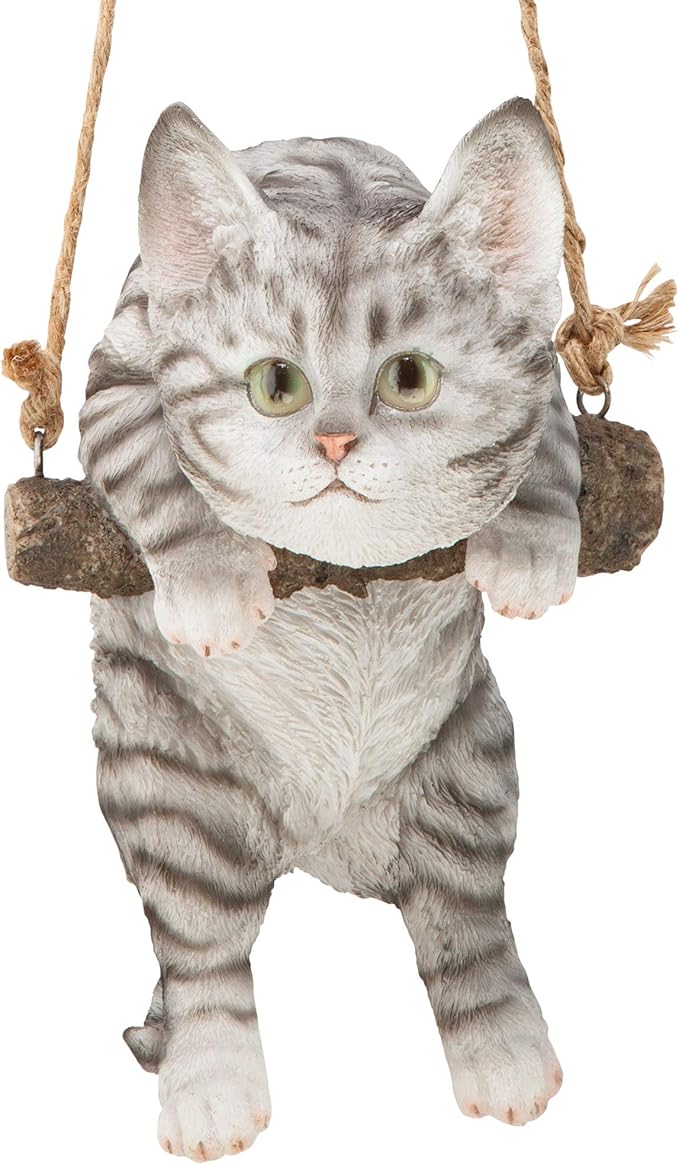 Design Toscano Gray Tabby Kitty on a Perch Hanging Cat Sculpture