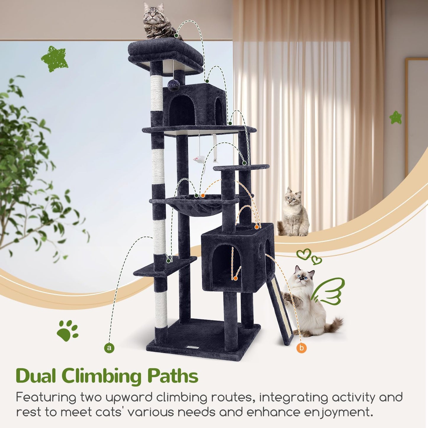 Globlazer Heavy Duty Cat Tree, 70 inch Sturdy Cat Tree for Indoor Cats Extra Large Cat Tower with Scratching Post, Hammock, Cat Condo for Adult Cats Kittens, F70 Pro, Dark Grey