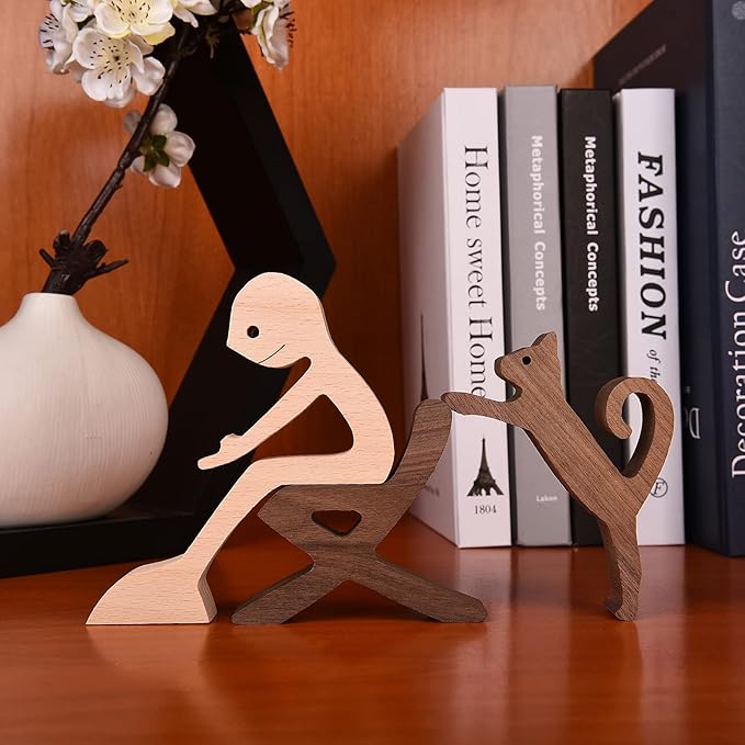 ISHINE Wooden Men and Cat Sculpture, Handmade Animal Figurines, Wood Decor Collectible Figurine for Home Office Natural ECO Friendly