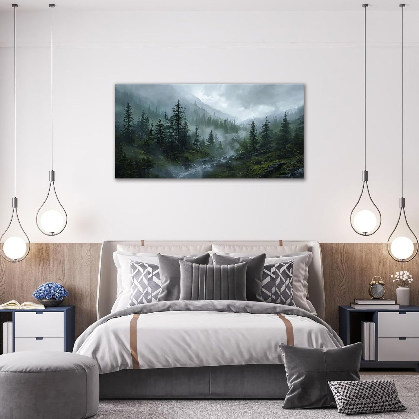Large Forest Wall Art Nature Misty Mountain Canvas Living Room Tree Landscape Pictures Framed Prints Oversize Wall Decor Painting Artwork for Bedroom Dining Home 60"x30"
