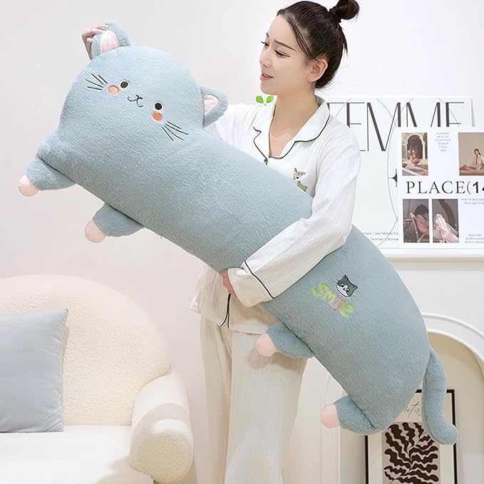 PEACH CAT 31.5" Long Cat Plush Pillow Cute Kitten Stuffed Animals Soft Plushies Toy Gifts for Kids Grey