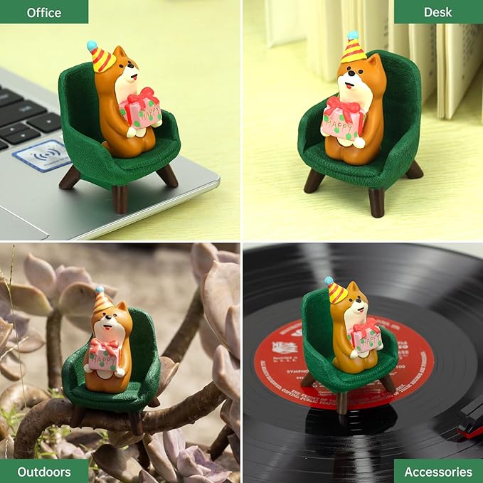 Cute Mini Puppy Holding a Gift Figurine - Resin Dog for Office, Home Decoration for Dog Lovers - Green Sofa