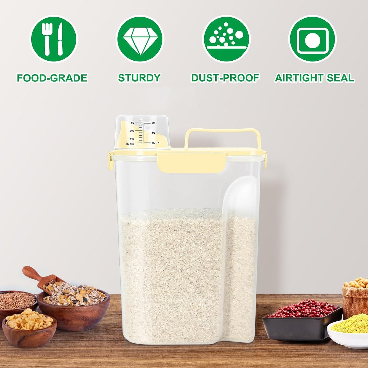 TBMax Airtight Rice Container 10 Lbs, Cereal Dispenser, Travel Pet Cat Dog Food Storage Container, Plastic Kitchen Pantry Food Storage Holder with Cup -Light Yellow