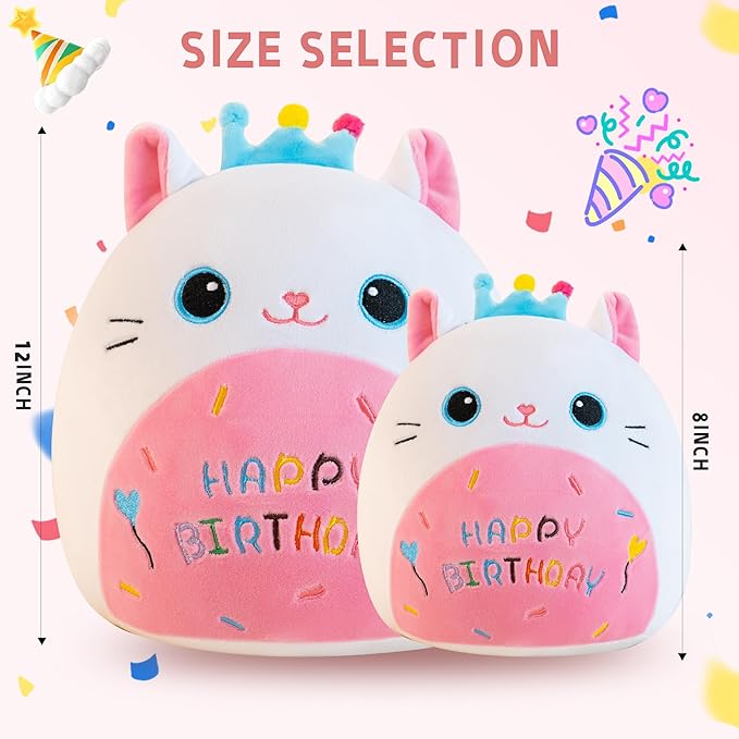 Cat Plush Cute Cat Stuffed Animals with Crown Soft Birthday Gift Cat Plushie Pillow Decor White 12 inch