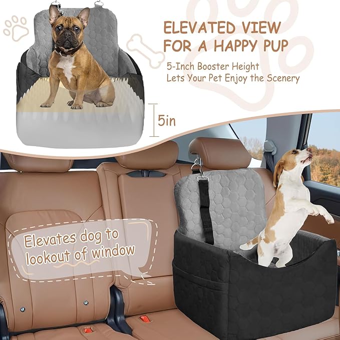 Dog Car Seat for Small/Medium Dogs - Dog Booster Seat with Safety Straps & Non-Slip Base, Travel Pet Car Seat with Storage Pockets, Washable & Removable, Suitable for Dogs Under 35 lbs (Black&Gray)