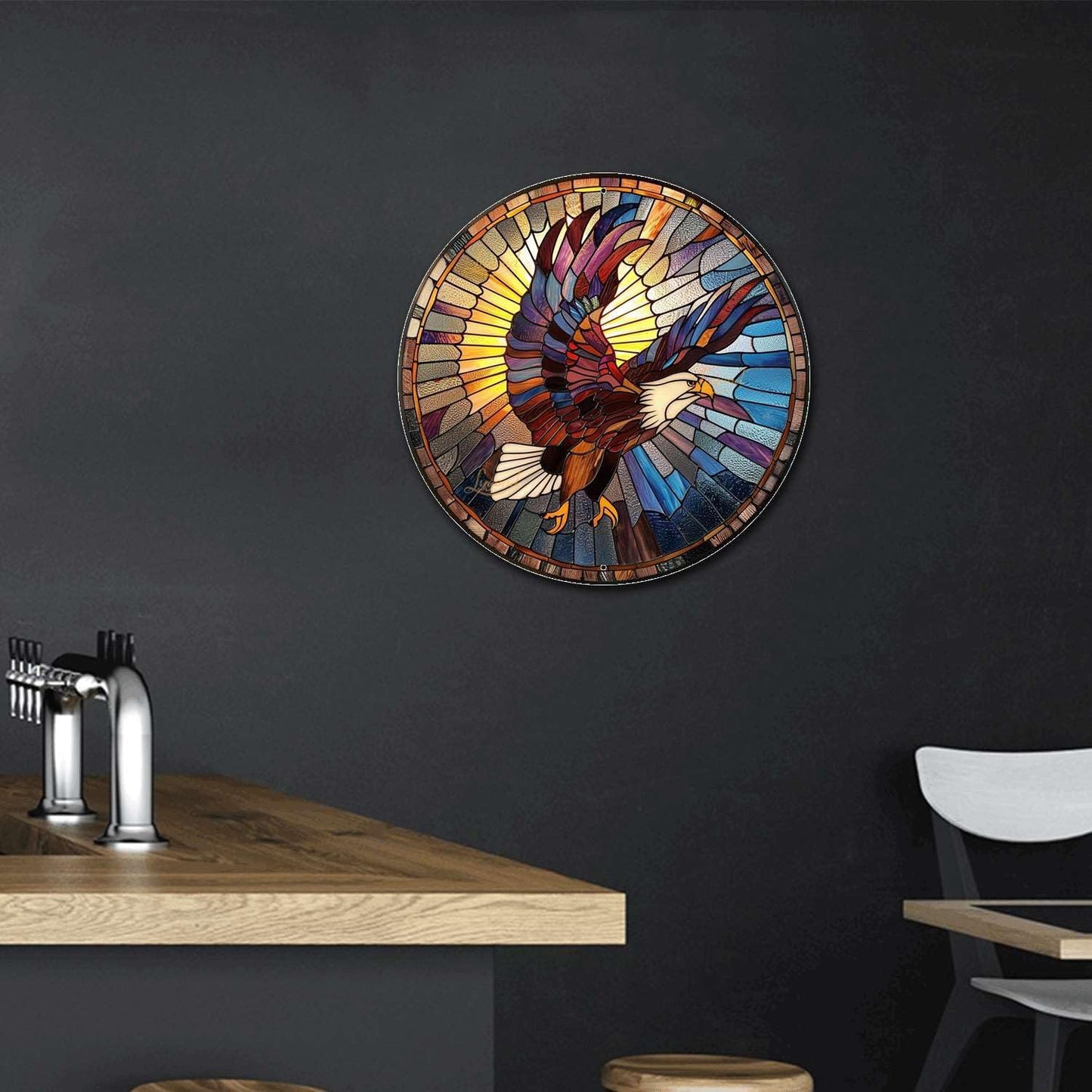 Lygond Metal Sign Tin Sign Circular Stained Glass Eagle Bathroom Decor For Club 12×12 Inches