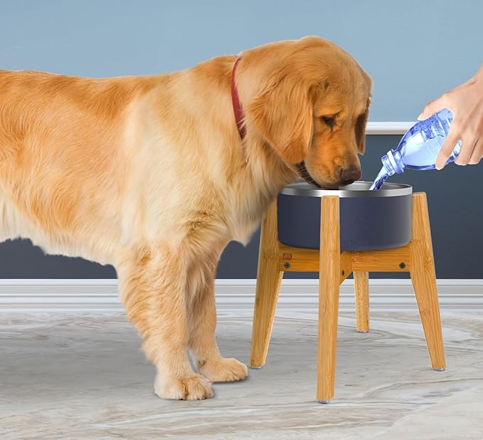 Dog Bowl Stand (12-inch High) - Ideal for Large Breeds - Adjustable Sideways, Slanted Feet - Elevates, Raises Pet Food Feeders, Water Dishes, Fountains, Dispensers - Bamboo Stand Only