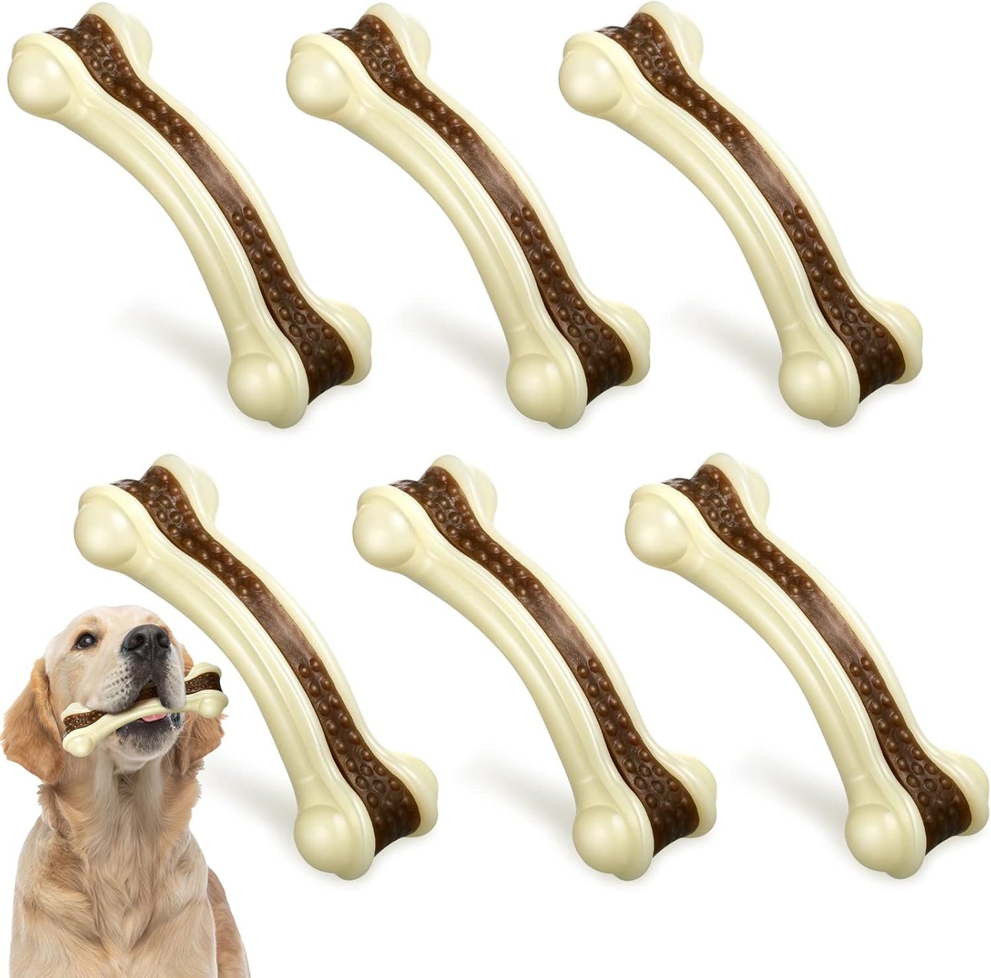 Sosation 6 Pcs Dog Toys for Aggressive Chewers Nylon Beef Flavor Bones Tough Puppy Teething Toys Puppy Chew Bones for Large Medium Small Breed Dogs Puppies Pets Chew Toys(Medium)