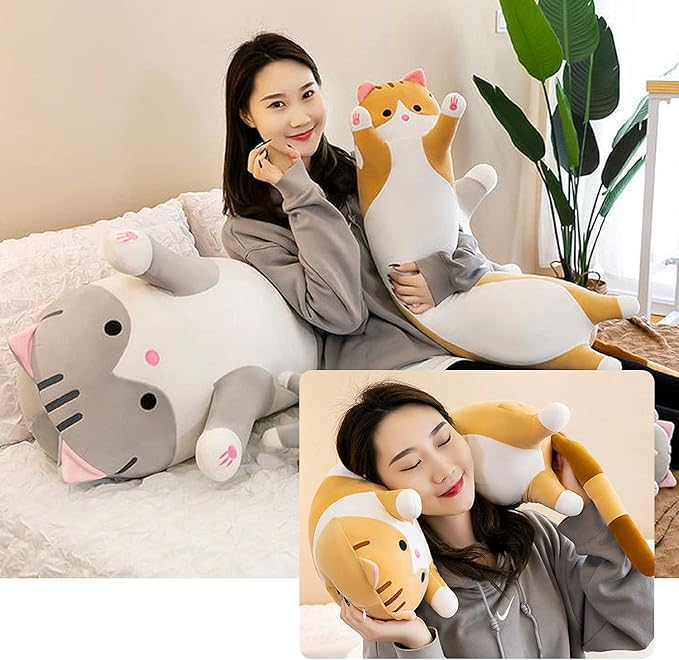 Giant Cat Pillow Plush Cartoon Kitty Sleeping Hugging Pillow, Cuddly Soft Long Kitten Body Pillow Doll Cat Cushion Toy for Kids Girlfriend (Gray, 70cm/27.55inch)