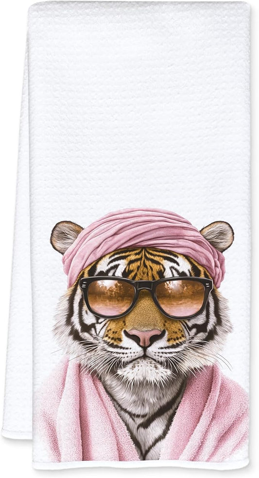 Trendy Sunglasses Tiger Bathroom Hand Towels, Preppy Pink Bathrobe Tiger Hand Towels for Bathroom Washroom Restroom Decor, 16x24 Inch