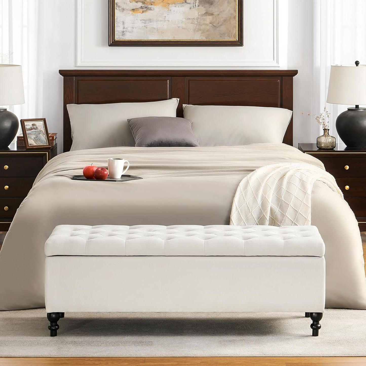 Ottoman with Storage,50.2-inch Upholstered End of Bed Storage Bench for Bedroom,for The Living Room,for Entryway, with Button and Safety Hinges,Detachable (White)