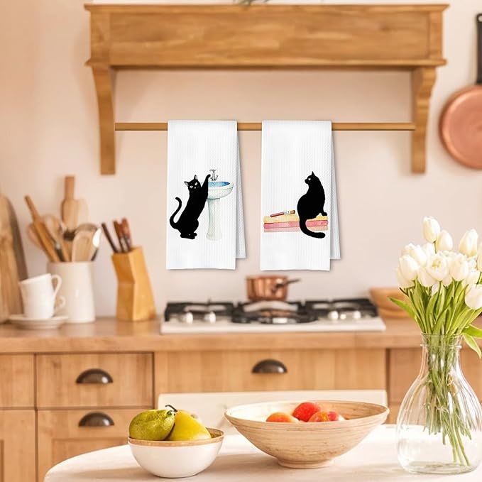 Funny Black Cat Hand Towels for Bathroom Set of 4, Black Cat Bathroom Decor for Lover Gifts for Women, 16x24 Inch