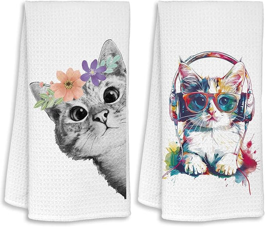Cute Cat Kitchen Dish Towels Set of 2 Cats Decoration for Cat Lovers Cat Kitchen Accessories Cat Mom Gifts for Women Cute Towels Decorative Set for Kitchen & Bathroom 16×24 Inch
