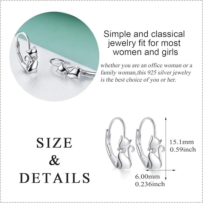 Cat Gifts Earrings Sterling Silver Cute Small Animal Cats Dangle Leverback Jewelry Gifts for women cat Lovers
