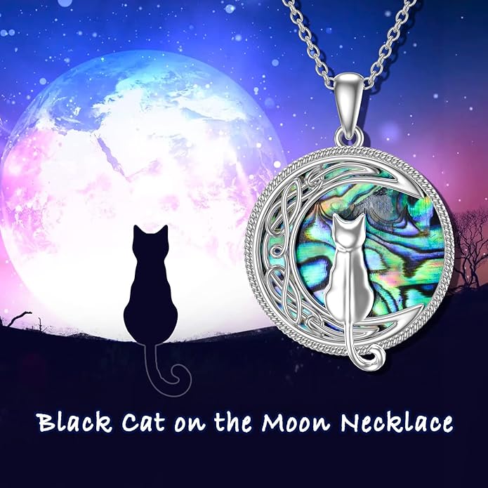 TOUPOP Cat Necklace Sterling Silver Abalone Shell Celtic Cat on the Moon with Abalone Shell Birthday Christmas Jewelry Gifts for Women
