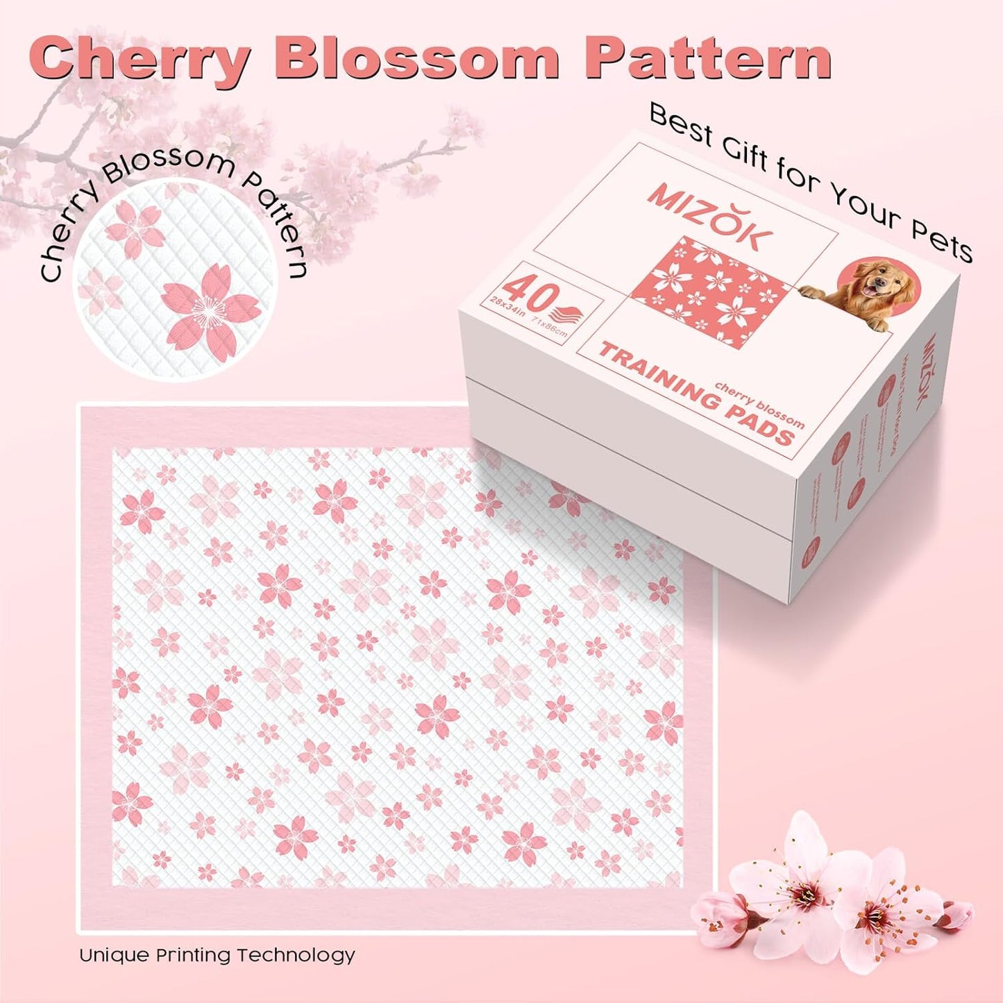 MIZOK Dog Pee Pads 28x34in Pink, Puppy Pads Extra Large Absorbent with Adhesive Tabs 6-Layer Leak-Proof Quick-Dry Design Odor Control for Potty Training, Cherry Blossom Prints (40 Counts)