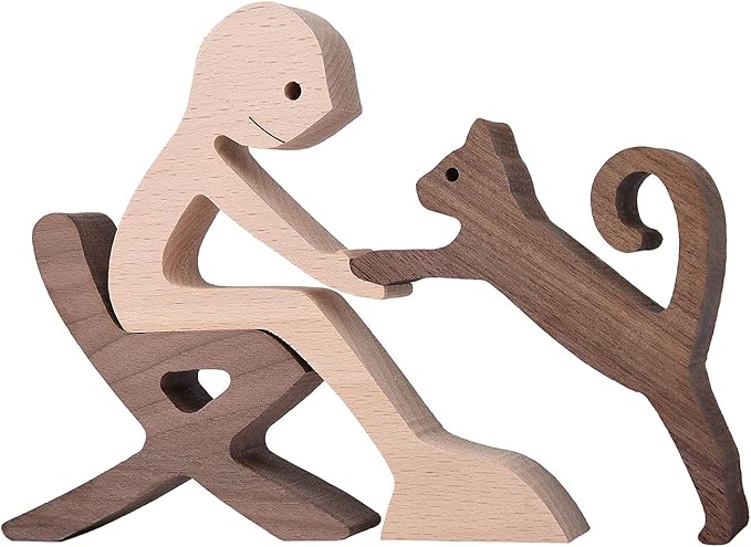 ISHINE Wooden Men and Cat Sculpture, Handmade Animal Figurines, Wood Decor Collectible Figurine for Home Office Natural ECO Friendly