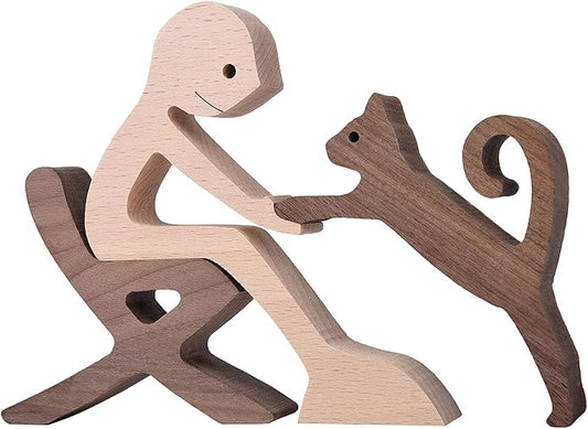 ISHINE Wooden Men and Cat Sculpture, Handmade Animal Figurines, Wood Decor Collectible Figurine for Home Office Natural ECO Friendly