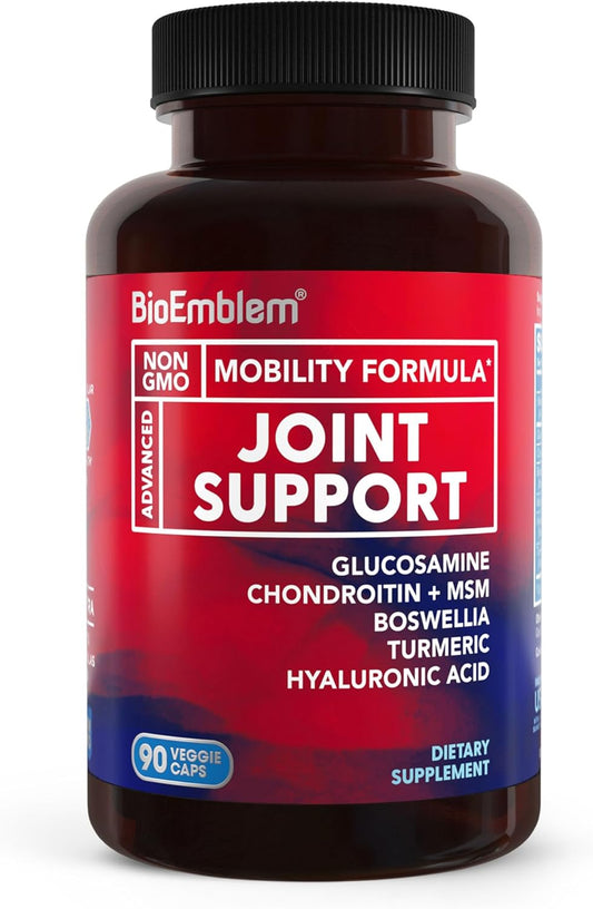 BioEmblem Joint Support - Glucosamine Chondroitin + MSM 1500 MG - with Boswellia, Turmeric & Hyaluronic Acid - Joint Health Supplement, Mobility, Flexibility, Cartilage - Non-GMO - 90 Caps