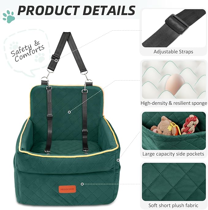 Dog Car Seat for Small Medium Dogs, Memory Foam Puppy Dog Booster Seat with Thick Cushion for Dogs Under 35lbs, Detachable Washable Pet Car Seat Travel Bed with Storage Pockets,2 Safety Belts