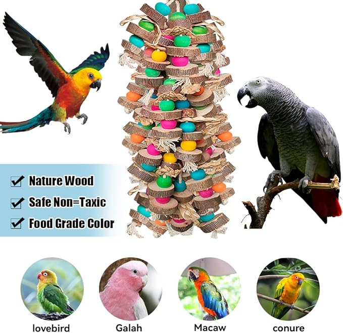 Parrot Toys for Large Birds, Multicolored Wooden Blocks Bird Chewing Toy Parrot Cage Bite Toy or Macaws Cokatoos African Grey and Large Medium Birds