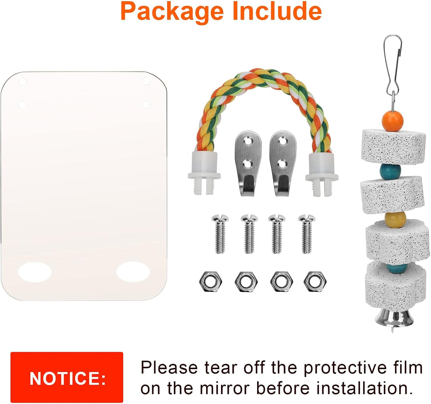 AHIER 7 Inch Bird Mirror with Rope Perch, Bird Toys Swing Parrot Grinding Stone with Bell for Parakeet Cockatoo Cockatiel Lovebirds Canaries