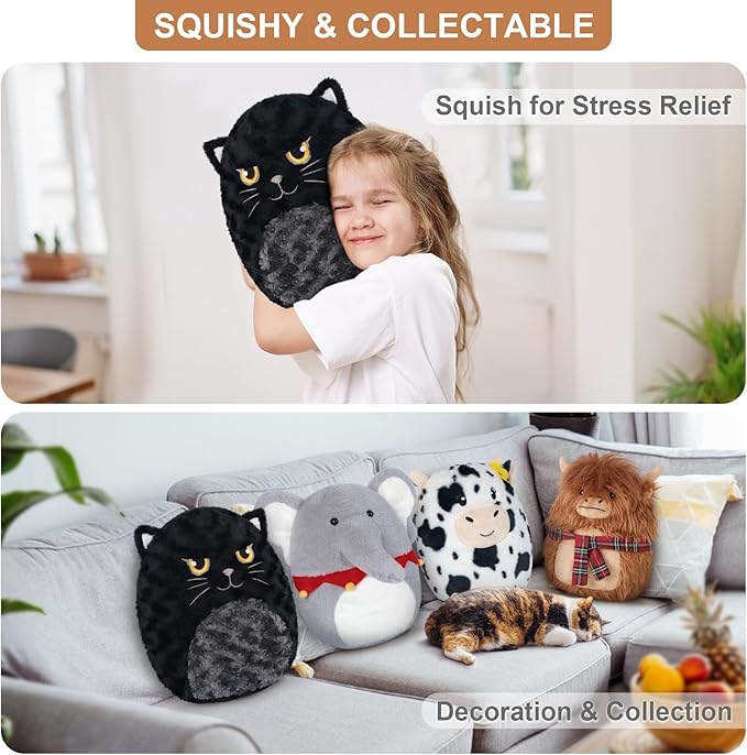 Cute Black Cat Plush Pillows, 14" Soft Stuffed Cat Animal for Squish & Collect, Kawaii Cat Plush for Bedroom Decor, Cute Birthday Gifts for Girls and Boys