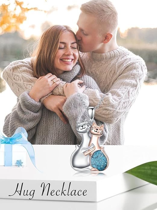 Couple Hug Necklace 925 Sterling Silver Cat/Fox Couples Hugging Turquoise Necklace Couples Jewelry as Valentine's Day Gift for Women
