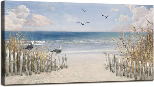 XXMWallArt FC3750 Sandy Beach Wall Art Canvas Print Wall Art Seascape Blue Print Painting Abstract Coastal Picture Modern Ocean Artwork for Living Room Bedroom Bathroom Office Wall Decor