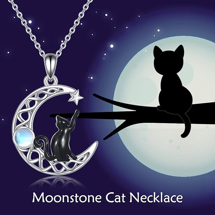 CRMAD Black Cat Necklace for Women Sterling Silver Moonstone Cat Jewelry Irish Gifts