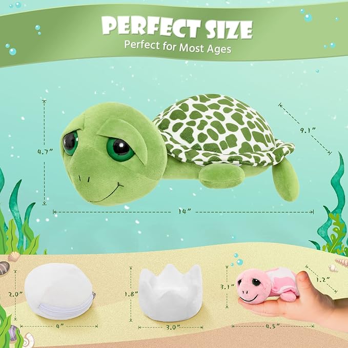 MorisMos Sea Turtle Stuffed Animal with Babies, 14'' Mommy Stuffed Turtle with 3 Babies & 2 Plush Eggs in Tummy, Big-Eyed Sea Tortoise Toys for Kids Toddlers,Sea Stuffed Animals,Tortoise Plush Pillow