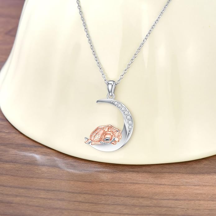 Diamond Black Cat/Red Panda/Sloth/Deer/Unicorn Necklace for Women 925 Sterling Silver Sleeping Animal and Moon Pendant with Lab Grown Diamonds Jewelry Gifts