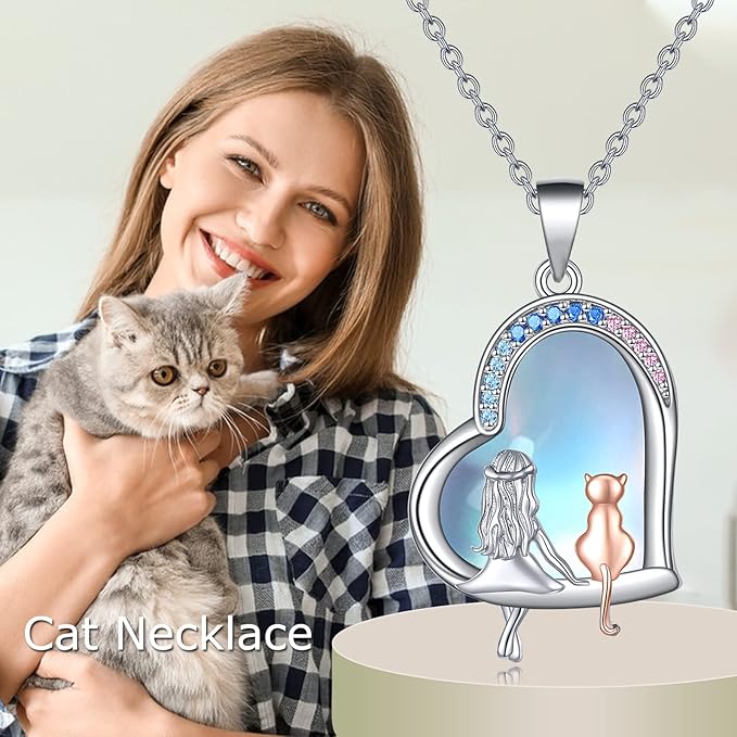 LUHE Cat Gifts Necklace for Cat lovers Women Sterling Silver Moonstone Cats Heart Pendant Necklace Jewelry Christmas Gifts