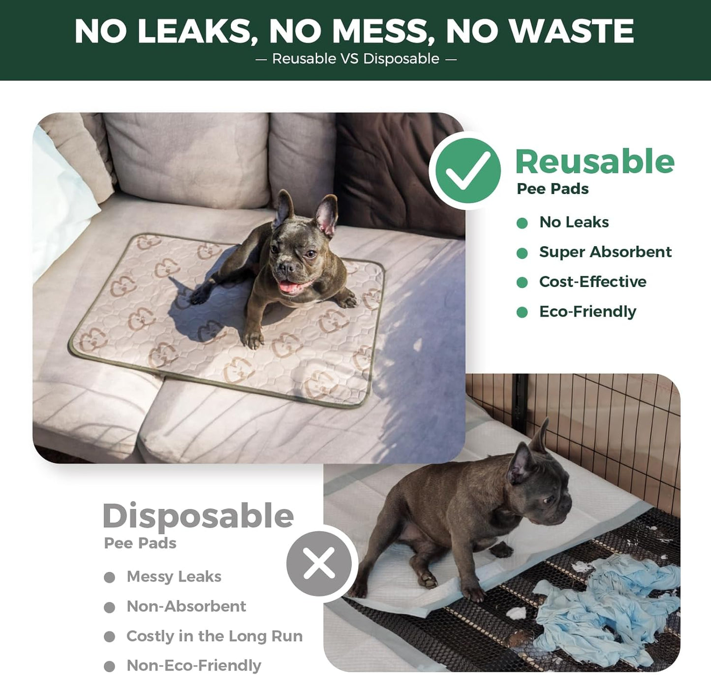 FXW Washable Pee Pads for Dogs, Puppy Pads with Super Absorbent, Specifically Designed for Potty Training, 29" × 18" Rectangle, Khaki, 4 Packs