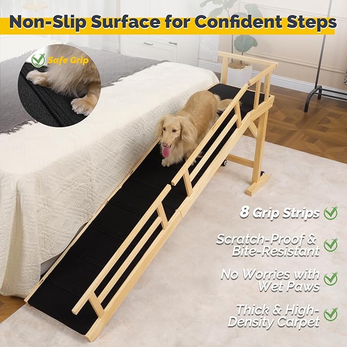 Dog Ramp for Bed or Couch, Wooden Pet Ramp with 20° Gentle Slope, Removable Side Rails, Non-Slip Surface, Top Platform & Wheels, Safe Bed Ramp for Small, Medium & Senior Dogs, 74" Long, Natural