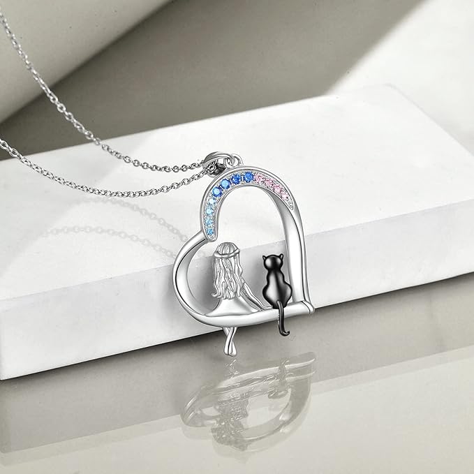 LUHE Cat Necklace Gifts 925 Sterling Silver Black Cat Heart Pendant Necklace Jewelry for Women Daughter