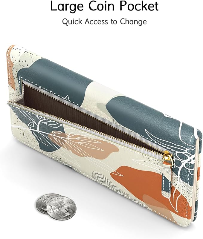 Nipichsha Womens Wallet, RFID Slim Wallets for Women, Thin Ladies Credit Card Holder Purse, Cute Leather Bifold Clutch Billfold with 11 Card Slots & ID Window, Abstract Boho Leaf