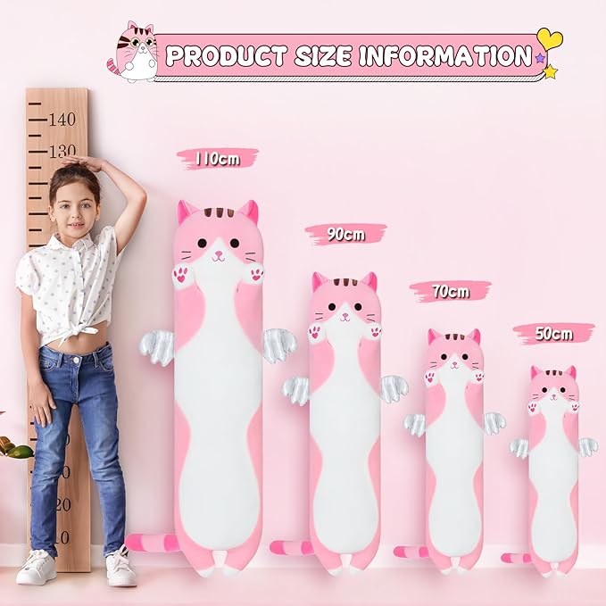 Long Cat Plush Body Pillow, Cute Cat Plush Toy Pillows with Wings, Stuffed Animals Kitten Soft Plushies Gifts for Kids Girls Girlfriend(Pink, 27.6in/70cm)
