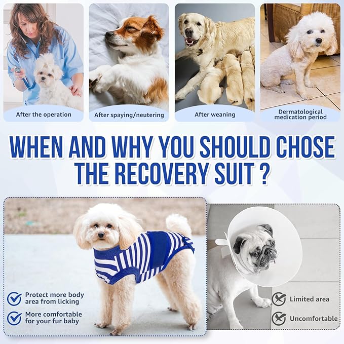 Lukovee Recovery Suit for Dogs, Zipper On Recovery Suit for Female Male Dog, Onesie Abdominal Wounds Cone E-Collar Alternative Prevent Licking Spay Recovery Suit (Medium, Blue & White)