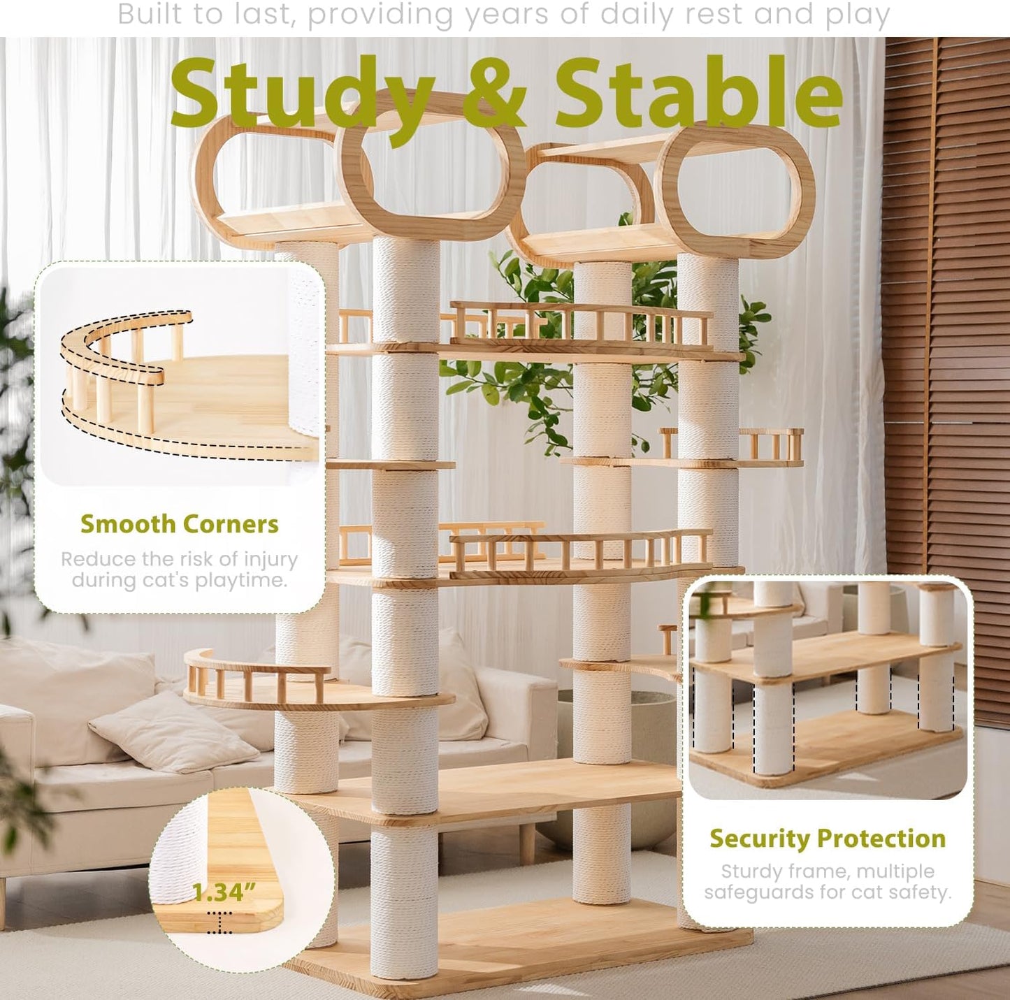 76.8'' Modern Cat Tree, Tall Cat Tower for Indoor Cats, Pine Wood Climb Tower with 2 Removable Mats, Heavy Duty Cat Furniture with Fully Wrapped Scratching Post, Huge Cat Condo for Multi-Cat Families