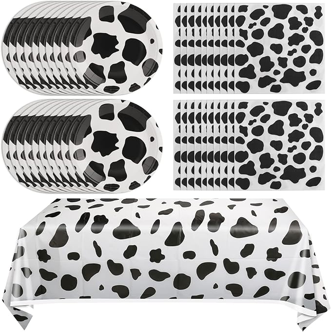 Cow Birthday Party Supplies - Farm Cow Print Birthday Party Tableware Includes 20 Party Plates, 20 Napkins and 1 Tablecloth Perfect for Cow Farm Theme Birthday Parties Decorations