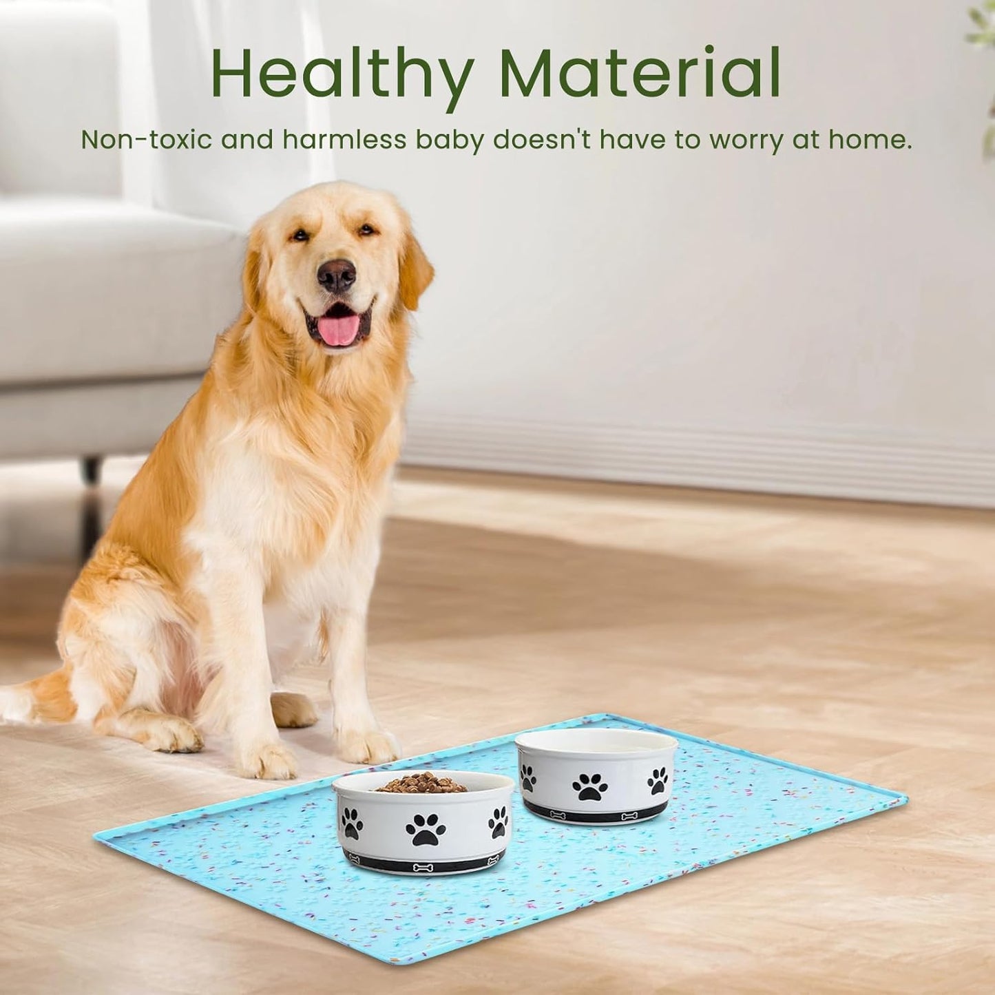Ptlom Dog Food Mat Anti-Slip Dog Bowl Mats for Food and Water, Waterproof Pet Placemat Prevents Messy Spill to Floor, Silicone Puppy Feeding Tray for Small, Medium and Large Dogs Cats, Blue