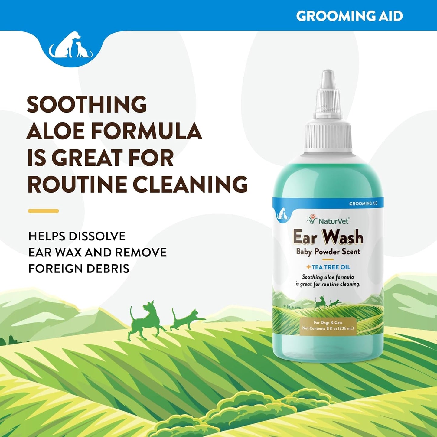 NaturVet Ear Wash w/Tea Tree Oil (Aloe & Baby Powder Scent) 8 oz