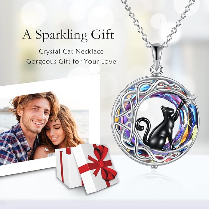 925Sterling Silver Moon Black Cat Necklace for Women Tree of Life Cat Jewelry for Women Abalone Necklace for Cat Lover Birthday