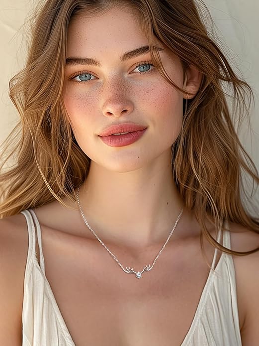 Silvora 925 Sterling Silver Deer Antler Necklace, Antler Deer Jewelry Antler Pendant Choker Birthstone Necklace Christmas Jewelry for Women
