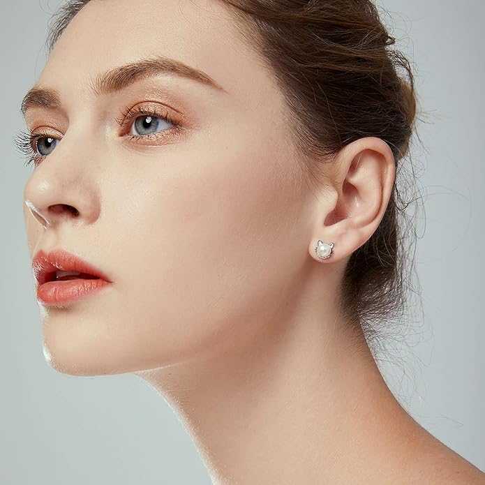 Rabbit Cat Earrings Freshwater Pearl Earrings Sterling Silver Stud Earrings for Women Gifts