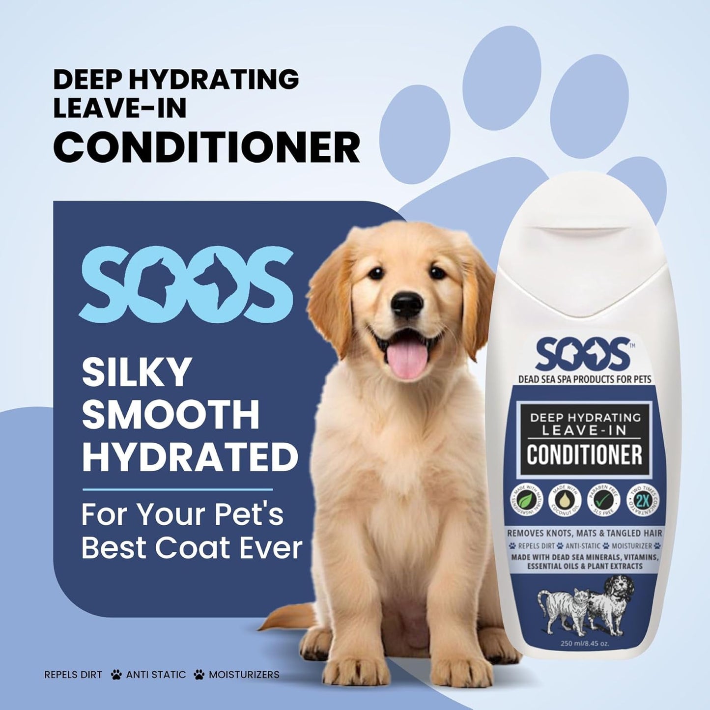 Soos Pets Deep Hydrating Leave-in Conditioner for Dogs and Cats | Natural Dead Sea Minerals & Vitamins | Skin Moisturizer, Polish Deeply, Enhance Coat Shine & Softness - 250ml